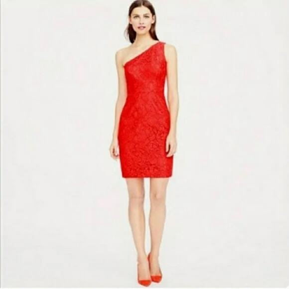 J. Crew Alexa One Shoulder Style Texture Laced Mini Dress Back Slit 12 Poppy Red - Picture 11 of 16